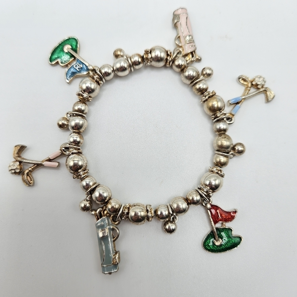 VINTAGE Silver Tone Golf Theme Enamel Charm Stretch Bracelet Golfing